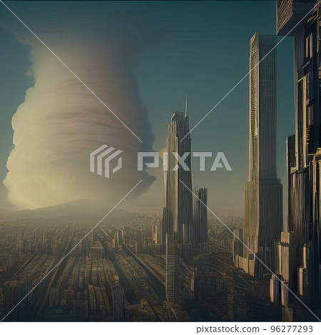 Explosion of a nuclear bomb over a big city, metropolis - a mushroom cloud. Nuclear war in the world. 96277293