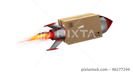Fast delivery of package by turbo rocket. 3D Rendering. Fire, freight. Fast delivery of package by turbo rocket. 3D Rendering. Fire, freight. 96277294