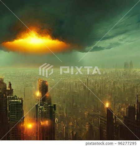 Explosion of a nuclear bomb over a big city, metropolis - a mushroom cloud. Nuclear war in the world. 96277295
