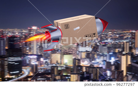 Fast delivery of package by turbo rocket. 3D Rendering. Fire, freight. Fast delivery of package by turbo rocket. 3D Rendering. Fire, freight. 96277297