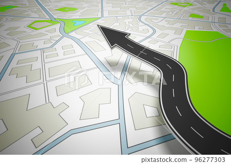 Arrow shaped road indicating the direction above a navigation map. 3D Rendering Arrow shaped road indicating the direction above a navigation map. 3D Rendering 96277303