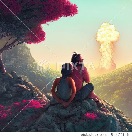 A man and a woman sit in nature and look at a nuclear explosion. A man and a woman sit in nature and look at a nuclear explosion. 96277336