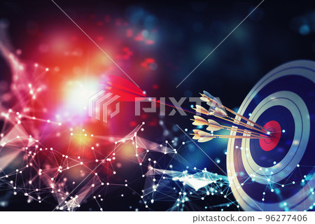 Arrow hit the center of target on abstract background with network effects. Business target achievement concept. 3D Rendering Arrow hit the center of target on abstract background with network effects. Business target achievement concept. 3D Rendering 96277406