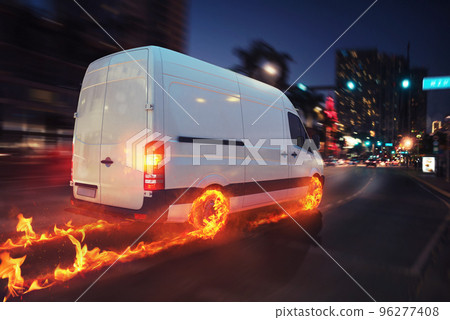 Super fast delivery of package service with van with wheels on fire. 3D Rendering Super fast delivery of package service with van with wheels on fire. 3D Rendering 96277408