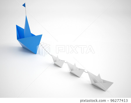 Unity is strength. Small paper boats that tow a bigger ship. Concept of teamwork and alliance. 3D Rendering 96277413
