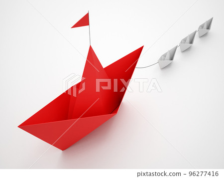 Unity is strength. Small paper boats that tow a bigger ship. Concept of teamwork and alliance. 3D Rendering 96277416