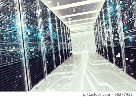 Pixelated effect of an image of a room of virtual database. 3D Rendering 96277421