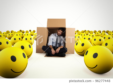 Alone desperate businessman in the middle of happy smileys . 3D Rendering 96277448