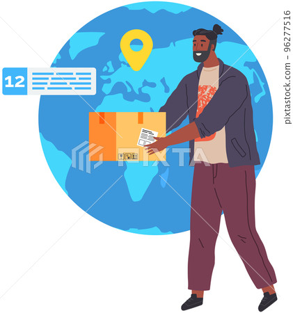 Delivery courier man holding parcel box with goods for customer buyer. Fast online delivery service Delivery courier man holding parcel box with goods for customer buyer. Fast online delivery service 96277516
