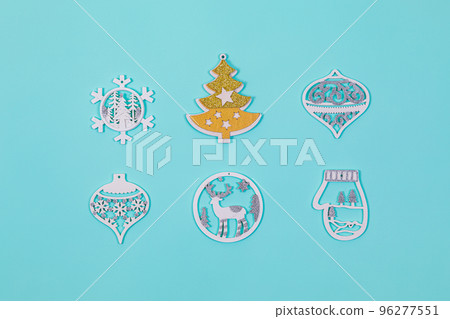 Christmas toys, Christmas decorations on a blue background. Christmas toys, Christmas decorations on a blue background. 96277551