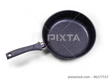 Black frying pan with non-stick coating on a white background. 96277557