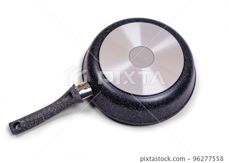 Black frying pan with non-stick coating on a white background. 96277558