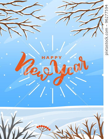 Happy New Year inscription on snowy background. Design of greeting card with winter forest landscape 96277594