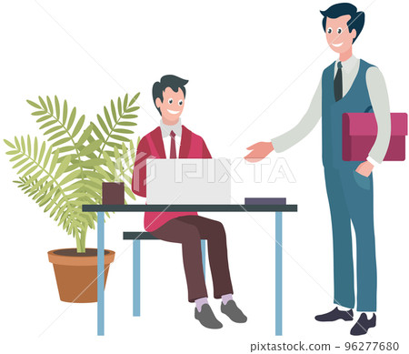 Teamwork concept with two men solving tasks together. Boss talking to subordinate in office Teamwork concept with two men solving tasks together. Boss talking to subordinate in office 96277680