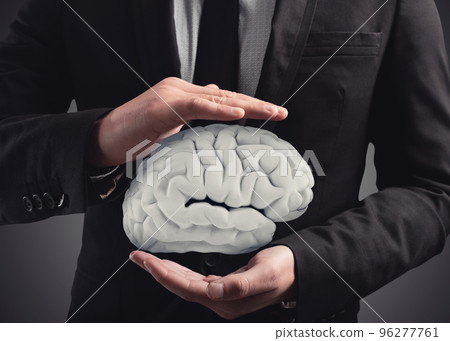 Man protects a brain with his hands. 3D Rendering Man protects a brain with his hands. 3D Rendering 96277761