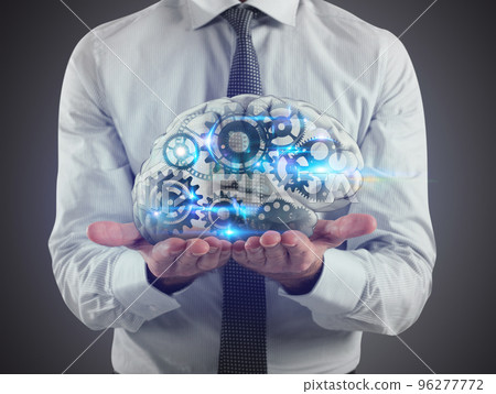 Man holds a brain with gears inside on his hands. 3D Rendering Man holds a brain with gears inside on his hands. 3D Rendering 96277772
