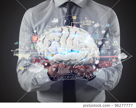 Man holds a brain with business drawing sketches on his hands. 3D Rendering Man holds a brain with business drawing sketches on his hands. 3D Rendering 96277777