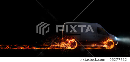 Super fast delivery of package service with van with wheels on fire. 3D Rendering 96277812