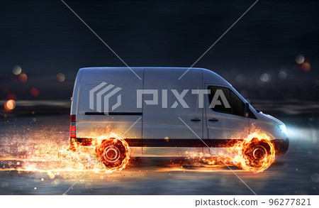 Super fast delivery of package service with van with wheels on fire Super fast delivery of package service with van with wheels on fire 96277821