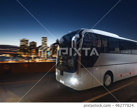 Bus on the road at night with city landscape. 3D rendering 96277824