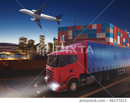 Fast truck on road delivering at night with cargo and airplane in background. 3D Rendering 96277825