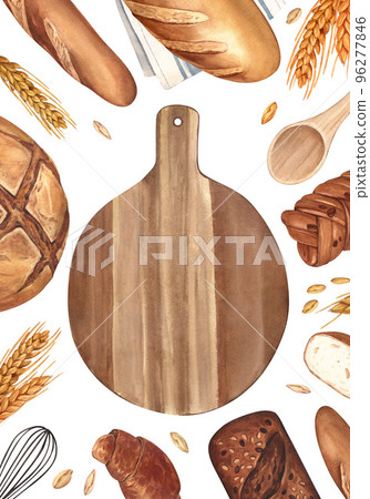 Watercolor bakery background. Bread and pastry collection. Bread house handmade illustration. Painted isolated organic fresh wheat eco food on white background 96277846