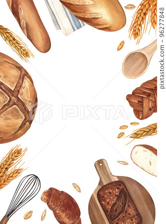 Watercolor bakery background. Bread and pastry collection. Bread house handmade illustration. Painted isolated organic fresh wheat eco food on white background. 96277848