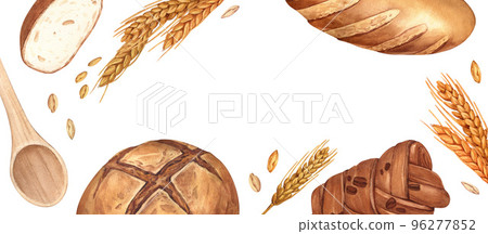Watercolor bakery background. Bread and pastry collection. Bread house handmade illustration. Painted isolated organic fresh wheat eco food on white background. Watercolor bakery background. Bread and pastry collection. Bread house handmade illustration. Painted isolated organic fresh wheat eco food on white background. 96277852