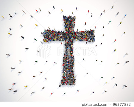 Many people together in a crucifix shape. 3D Rendering Many people together in a crucifix shape. 3D Rendering 96277882