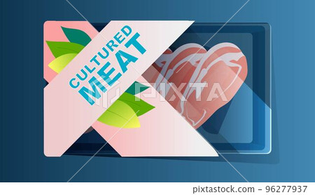 frozen pacded cell cultured chicken meat with label artificial lab grown meat production concept frozen pacded cell cultured chicken meat with label artificial lab grown meat production concept 96277937