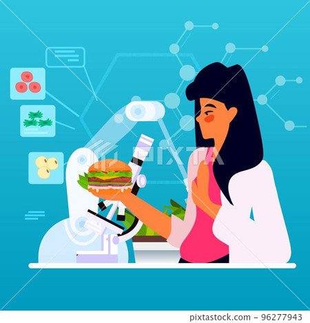 woman scientist analyzing cultured beef burger made from animal cells artificial lab grown meat production concept 96277943