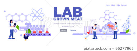 scientists analyzing cultured red raw meat made from animal cells artificial lab grown meat production concept 96277965