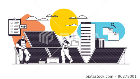technician workers near solar panels station engineers checking alternative energy and using sunlight for producing electric 96278001