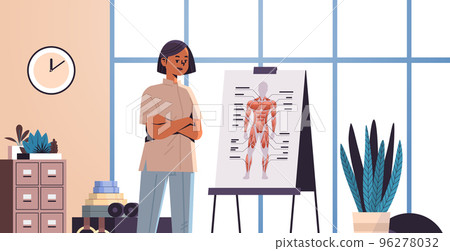 woman physiotherapist presenting human body organ system on board generation z lifestyle concept 96278032