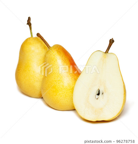 Three ripe yellow pears isolated on white background Three ripe yellow pears isolated on white background 96278758
