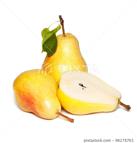 Three sliced ripe yellow pears isolated on white background Three sliced ripe yellow pears isolated on white background 96278761