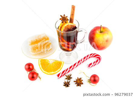 Mulled wine, honey and Christmas decor isolated on white . Mulled wine, honey and Christmas decor isolated on white . 96279037
