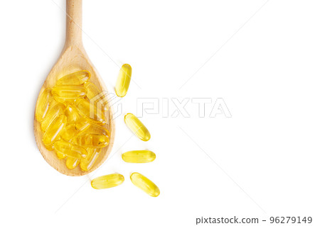 Pile of capsules Omega 3 in wooden spoon isolated on white background Pile of capsules Omega 3 in wooden spoon isolated on white background 96279149
