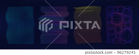 Retrofuturistic neon grid with effect glitch and deformation. Shapes from 80s-90s Retrofuturistic neon grid with effect glitch and deformation. Shapes from 80s-90s 96279245