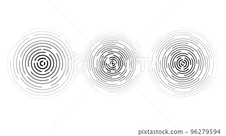 Concentric ripple circles set. Sonar or sound wave rings collection. Epicentre, target, radar icon concept. Radial signal or vibration elements. 96279594