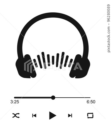 Audio player interface with headphones sign, sound wave, loading bar and buttons play, shuffle, rewinf, fast forward and repeat. Online radio, podcast, broadcast concept Audio player interface with headphones sign, sound wave, loading bar and buttons play, shuffle, rewinf, fast forward and repeat. Online radio, podcast, broadcast concept 96280089