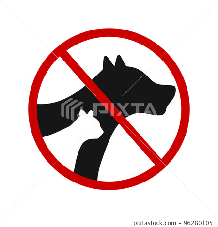 No pets allowed icon. Dogs or cats prohibited symbol. Animals ban zone pictogram. Canine and feline silhouettes in red forbidden sign isolated on white background No pets allowed icon. Dogs or cats prohibited symbol. Animals ban zone pictogram. Canine and feline silhouettes in red forbidden sign isolated on white background 96280105