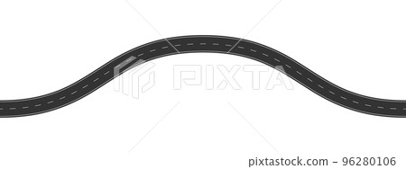 Winding asphalt roadway with marking. Top aerial view. Seamless highway template. Element of city street or countryside map isolated on white background 96280106
