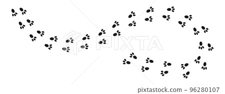 Bunny pawprints. Rabbit paw silhouettes stamps. Trace of wet or mud steps of running or walking hare isolated on white background. Vector graphic illustration 96280107