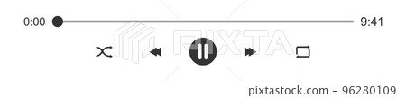 Mediaplayer progress loading bar with time slider. Pause, shuffle, repeat, rewind and fast forward buttons. Audio or video player playback panel interface elements 96280109