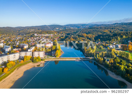 Mseno water reservoir in Jablonec nad Nisou. . Aerial view from drone. 96280297