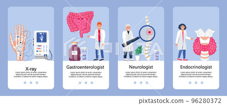 Intestine doctors examine, treat dysbiosis. Tiny therapist looks through a magnifying glass at harmful bacteria. 96280372