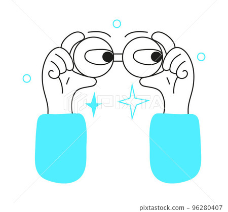 Hands hold binoculars vector in doodle, online style. Human looking through binoculars. Search engine concept in line art style. Hands hold binoculars vector in doodle, online style. Human looking through binoculars. Search engine concept in line art style. 96280407