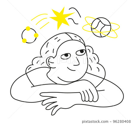 Strategy planning vector in line style. Schedule, plan and implementation metaphor. Girl dreams Strategy planning vector in line style. Schedule, plan and implementation metaphor. Girl dreams 96280408