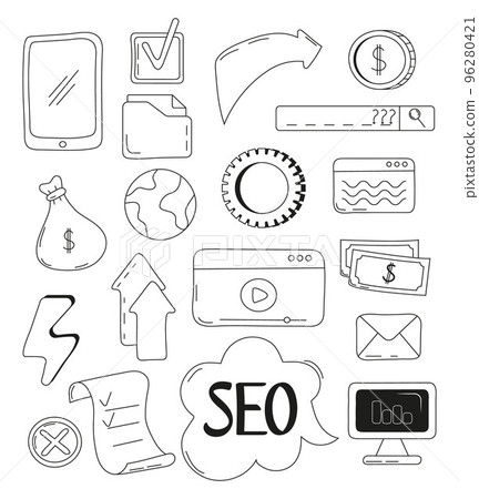 Seo icons set in doodle style. Web hand drawn sign vector illustration. Optimization of website, information, gear 96280421